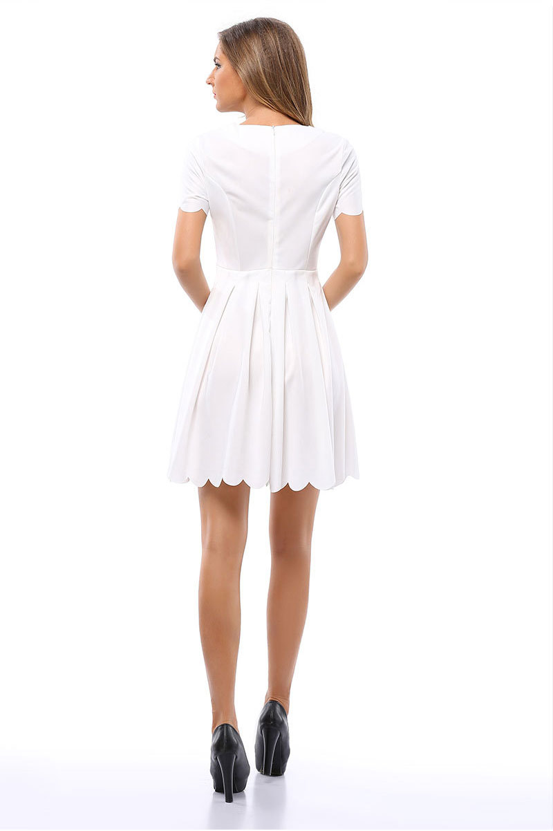 F2497-2  Scalloped Trim Short Sleeve A Line Dress